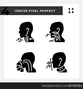 Throat diseases types black glyph icons set on white space. Early diagnostics of dangerous problem. Hazard prevention. Silhouette symbols. Solid pictogram pack. Vector isolated illustration. Throat diseases types black glyph icons set on white space