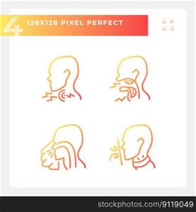 Throat diseases types pixel perfect gradient linear vector icons set. Early diagnostics of dangerous problem. Thin line contour symbol designs bundle. Isolated outline illustrations collection. Throat diseases types pixel perfect gradient linear vector icons set