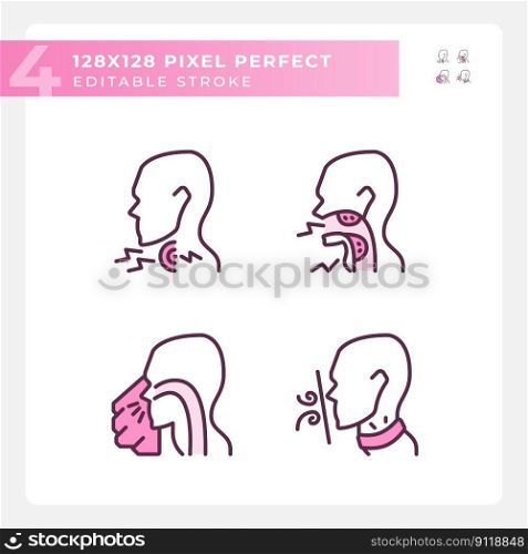 Throat diseases types pixel perfect RGB color linear icons set. Early diagnostics of dangerous problem. Hazard prevention. Isolated vector illustration. Simple filled line drawing. Editable stroke. Throat diseases types pixel perfect RGB color linear icons set