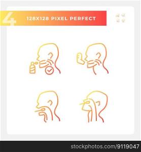 Throat examination and inhalation pixel perfect gradient linear vector icons set. Diagnostic. Medical service. Thin line contour symbol designs bundle. Isolated outline illustrations collection. Throat examination and inhalation pixel perfect gradient linear vector icons set