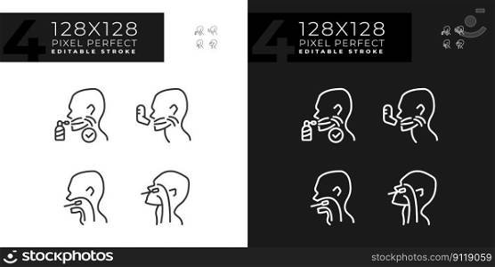 Throat examination and inhalation pixel perfect linear icons set for dark, light mode. Respiratory disease diagnostic. Thin line symbols for night, day theme. Isolated illustrations. Editable stroke. Throat examination pixel perfect linear icons set for dark, light mode