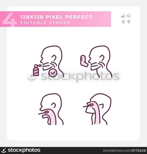 Throat examination and inhalation pixel perfect RGB color linear icons set. Respiratory disease diagnostic. Medical service. Isolated vector illustration. Simple filled line drawing. Editable stroke. Throat examination and inhalation pixel perfect RGB color linear icons set
