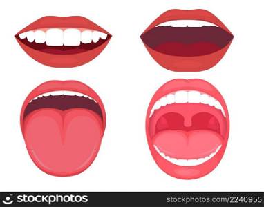 Throat oral icon, Open Mouth with Teeth and Tongue Vector illustration, Woman open mouth with glossy sexy lips on red. vector illustration of a anatomy human open mouth. medical diagram