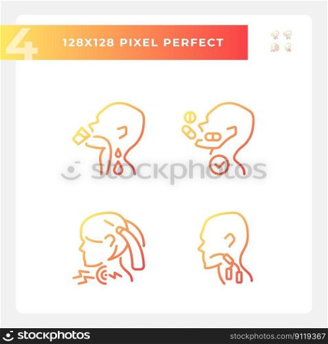 Throat sickness pixel perfect gradient linear vector icons set. Children and adults diseases treatment. Thin line contour symbol designs bundle. Isolated outline illustrations collection. Throat sickness pixel perfect gradient linear vector icons set