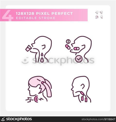 Throat sickness pixel perfect RGB color linear icons set. Children and adults diseases treatment. Healthcare materials. Isolated vector illustration. Simple filled line drawing. Editable stroke. Throat sickness pixel perfect RGB color linear icons set