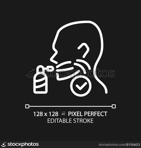 Throat spray pixel perfect white linear icon for dark theme. Remedy for inflammatory treatment. Breathe refreshing. Thin line illustration. Contour symbol. Vector outline drawing. Editable stroke. Throat spray pixel perfect white linear icon for dark theme