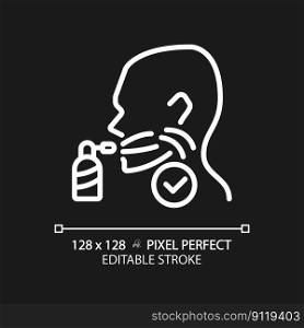 Throat spray pixel perfect white linear icon for dark theme. Remedy for inflammatory treatment. Breathe refreshing. Thin line illustration. Contour symbol. Vector outline drawing. Editable stroke. Throat spray pixel perfect white linear icon for dark theme