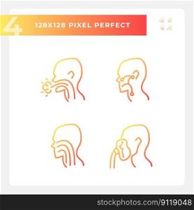 Throat treatment pixel perfect gradient linear vector icons set. Infections spreading prevention. Thin line contour symbol designs bundle. Isolated outline illustrations collection. Throat treatment pixel perfect gradient linear vector icons set