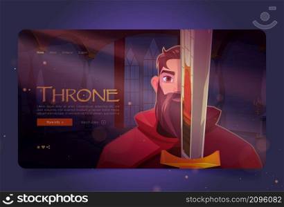 Throne cartoon landing page, ancient warrior with sword in medieval castle hall, knight, heraldic soldier guard with blade. Fairy tale kingdom character, game or book personage, Vector web banner. Throne cartoon landing page, warrior with sword