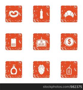 Throw off price icons set. Grunge set of 9 throw off price vector icons for web isolated on white background. Throw off price icons set, grunge style