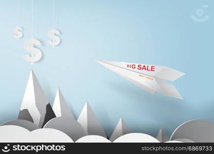 throwing paper art of plane to dollar,business,mountain,vector