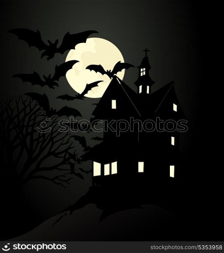 Thrown house. The terrible house under moon light. A vector illustration