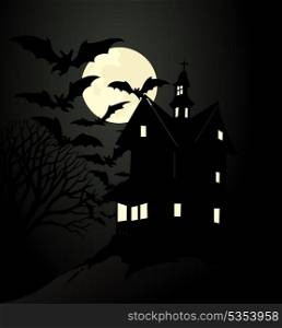 Thrown house. The terrible house under moon light. A vector illustration
