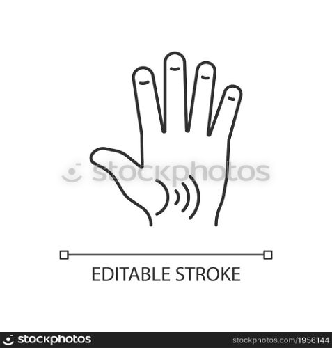 Thumb arthritis linear icon. Degenerative changes. Osteoarthritis in thumb. Enlarged joint. Thin line customizable illustration. Contour symbol. Vector isolated outline drawing. Editable stroke. Thumb arthritis linear icon