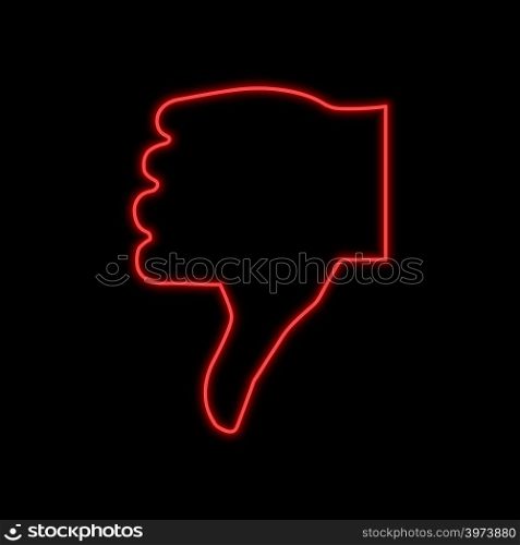 Thumb down, dislike neon sign. Bright glowing symbol on a black background. Neon style icon.