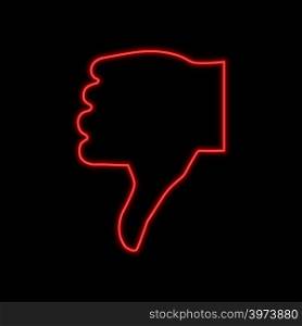 Thumb down, dislike neon sign. Bright glowing symbol on a black background. Neon style icon.