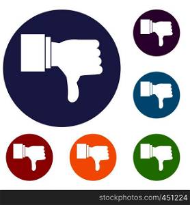Thumb down gesture icons set in flat circle reb, blue and green color for web. Thumb down gesture icons set