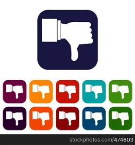 Thumb down gesture icons set vector illustration in flat style In colors red, blue, green and other. Thumb down gesture icons set