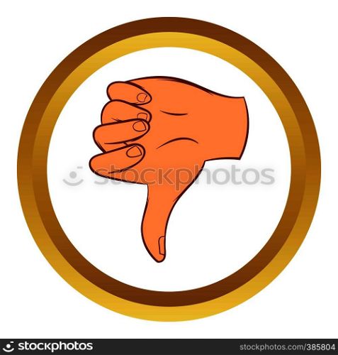 Thumb down gesture vector icon in golden circle, cartoon style isolated on white background. Thumb down gesture vector icon, cartoon style
