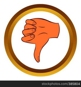 Thumb down gesture vector icon in golden circle, cartoon style isolated on white background. Thumb down gesture vector icon, cartoon style