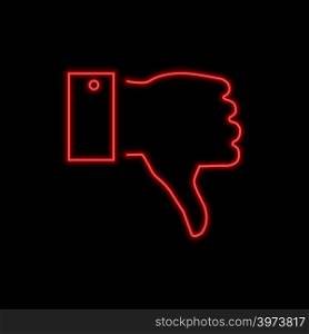 Thumb down, hand dislike sign. Bright glowing symbol on a black background. Neon style icon.