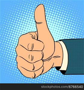 Thumb top gesture. Hitchhiking approval quality pop art retro style. Thumb top gesture