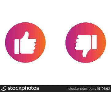 Thumb up and down in colorful gradient design. Ok and negative symbol. Positive or bad choice. Isolated illustration of like or dislike icon. Social button of decision. Insta style. Vector EPS 10