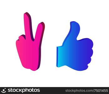 Thumb up and peace sign isolated icons set vector. Hand gestures used in social network chatting. Designed hands to express agreement and victory. Thumb Up and Peace Chatting Sign Icon Set Vector