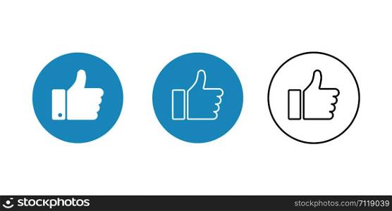 Thumb up blue circle isolated vector icons on white background. Button with thumb up for web design. Linear icon, outline hand icon. EPS 10. Thumb up blue circle isolated vector icons on white background. Button with thumb up for web design. Linear icon, outline hand icon.