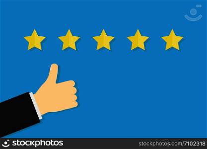 Thumb up five stars sign, service rating success banner in flat design on blue background. EPS 10. Thumb up five stars sign, service rating success banner in flat design on blue background
