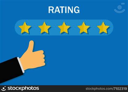 Thumb up five stars sign, service rating success banner in flat design on blue background. EPS 10. Thumb up five stars sign, service rating success banner in flat design on blue background.