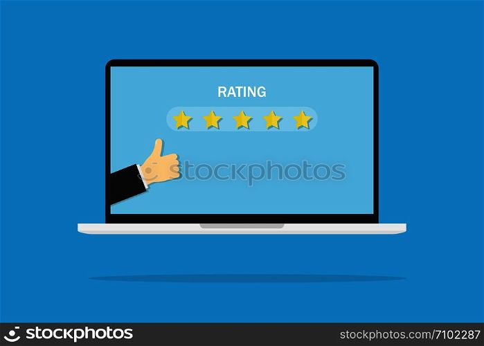 Thumb up five stars sign, service rating success banner laptop screen with shadow in flat design on blue background. EPS 10. Thumb up five stars sign, service rating success banner laptop screen with shadow in flat design on blue background
