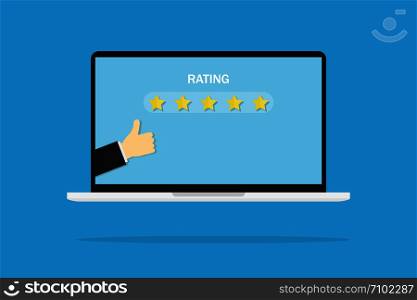 Thumb up five stars sign, service rating success banner laptop screen with shadow in flat design on blue background. EPS 10. Thumb up five stars sign, service rating success banner laptop screen with shadow in flat design on blue background