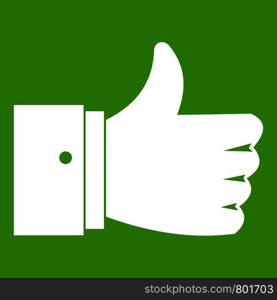 Thumb up gesture icon white isolated on green background. Vector illustration. Thumb up gesture icon green