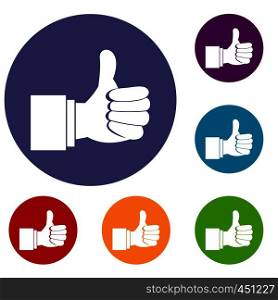 Thumb up gesture icons set in flat circle reb, blue and green color for web. Thumb up gesture icons set