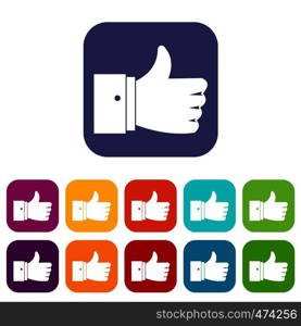 Thumb up gesture icons set vector illustration in flat style In colors red, blue, green and other. Thumb up gesture icons set