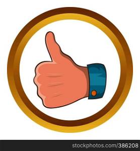 Thumb up gesture vector icon in golden circle, cartoon style isolated on white background. Thumb up gesture vector icon