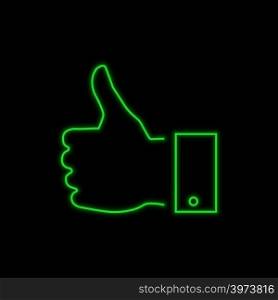Thumb up, hand like sign. Bright glowing symbol on a black background. Neon style icon.
