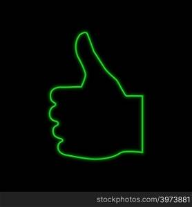 Thumb up, like neon sign. Bright glowing symbol on a black background. Neon style icon.