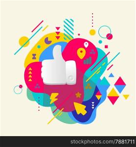 Thumb up on abstract colorful spotted background with different elements. Flat design.