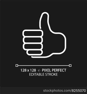 Thumb up pixel perfect white linear icon for dark theme. Showing positive attitude with gesture. Like for service rating. Thin line illustration. Isolated symbol for night mode. Editable stroke. Thumb up pixel perfect white linear icon for dark theme