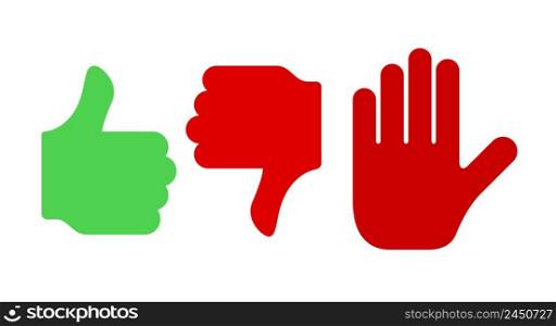 Thumb up, thumbs down, stop gesture. Flat vector illustration isolated on white background.. Thumb up, thumbs down, stop gesture. Flat vector illustration isolated on white