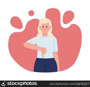 Thumbs down 2D vector isolated illustration. Gesture of disapproval flat character on cartoon background. Angry and displeased woman colourful scene for mobile, website, presentation. Thumbs down 2D vector isolated illustration