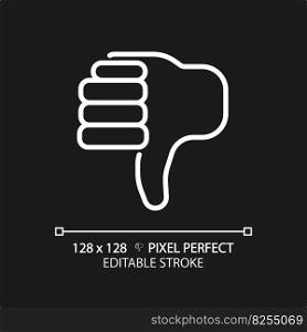 Thumbs down pixel perfect white linear icon for dark theme. Negative evaluation of product. Performing bad customer experience. Thin line illustration. Isolated symbol for night mode. Editable stroke. Thumbs down pixel perfect white linear icon for dark theme