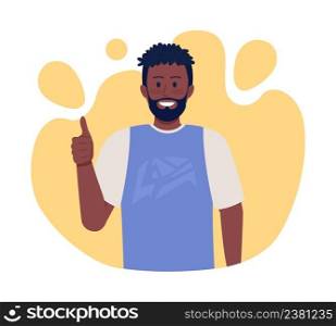 Thumbs up 2D vector isolated illustration. Gesture of approval flat character on cartoon background. Happy guy. Smiling and pleased man colourful scene for mobile, website, presentation. Thumbs up 2D vector isolated illustration