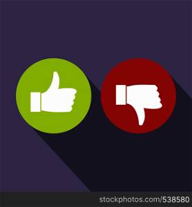 Thumbs up and down icon in flat style on a violet background. Thumbs up and down icon, flat style