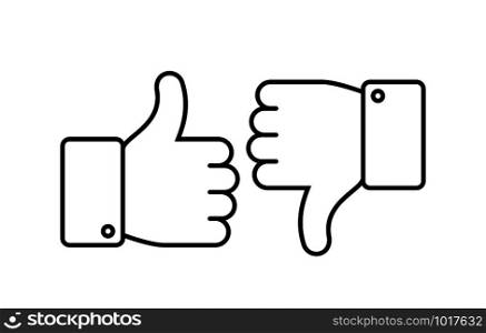 Thumbs up and down. Like and dislike line icons. Social networks outline agreement, positive and negative or bad unlike and good likes line button isolated vector symbols. Thumbs up and down. Like and dislike line icons. Social networks outline agreement, positive and negative isolated vector symbols