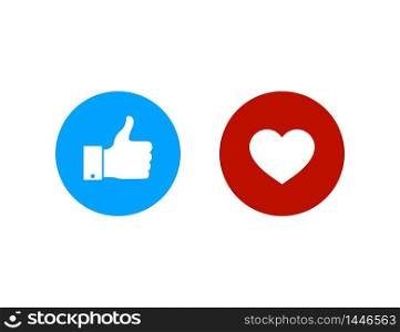 Thumbs up and heart icon.Like and heart buttons. Flat good icon for social media. Vector eps10