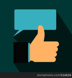 Thumbs up and speech bubble icon in flat style on a blue background. Thumbs up and speech bubble icon, flat style