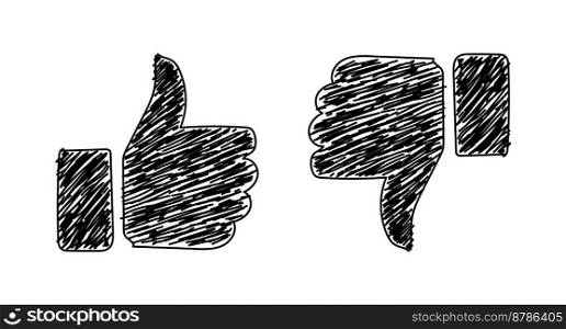 Thumbs up and thumbs down. Like and dislike icons. Simple doodle thin line design. Hand drawn. Vector illustration